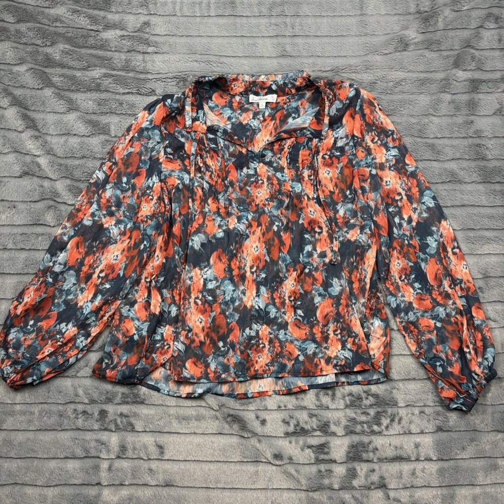 Sam Edelman Women Orange Blue Abstract Floral Tie Neck Blouse Large